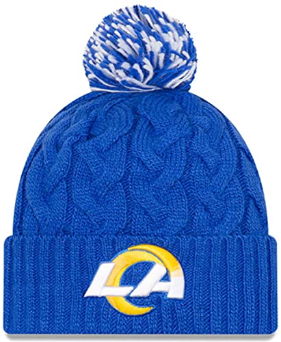 New Era Women's NFL Cable Knit Team Logo Wordmark Tech Cuffed Pom Beanie Cold Weather Knit Hat - Los Angeles Rams - Blue