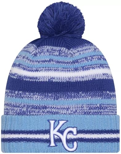 New Era Kansas City Royals Onfield Sport Blue Striped Cuffed Baseball Knit Beanie Hat Pom - MLB Cheer Cuff Knit Cap