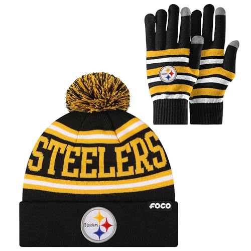 FOCO Pittsburgh Steelers NFL Stretch Gloves & Primary Stripe Pom Knit Cap Hat Winter Beanie - Bundle Team Color