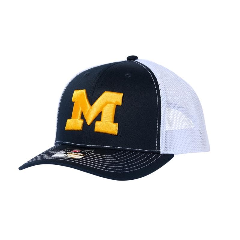 USCAPE Michigan Wolverines NCAA Licensed Richardson 112 Trucker Snapback Hat for Men - Stylish Mesh Back, Casual Caps, Comfortable Fit, Navy/White