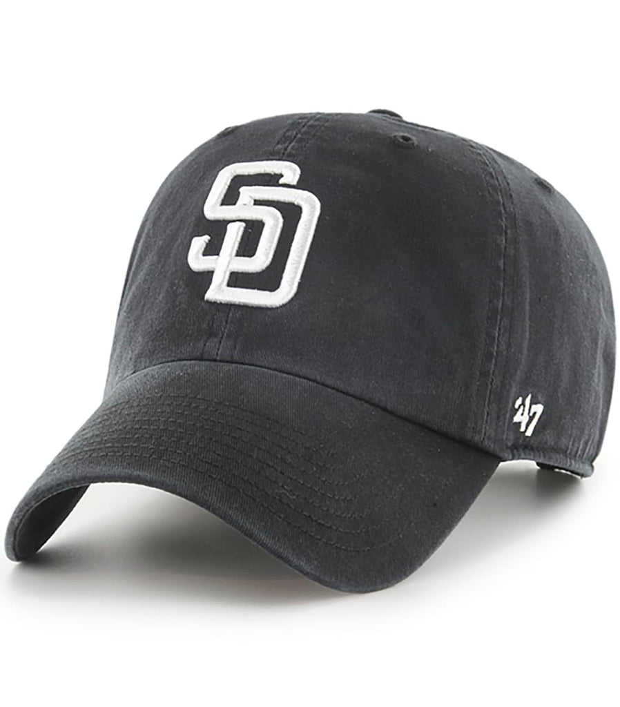 47 Brand MLB Black White Primary Logo Clean Up Adjustable Baseball Cap Hat, Adult One Size Fits All - San Diego Padres Black White