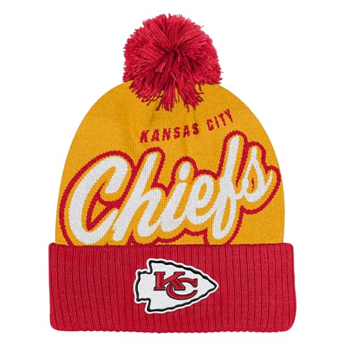 NFL Kids Youth 8-20 Official Primary Logo Script Wordmark Cold Weather Cuffed Knit Pom Beanie Hat (US, Alpha, One Size, Kansas City Chiefs, Kansas City Chiefs)