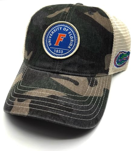 Officially Licensed University Florida Gators Camo Mesh Trucker Hat Classic Relaxed Fit Adjustable Embroidered Team Logo Snapback Sports Baseball Cap