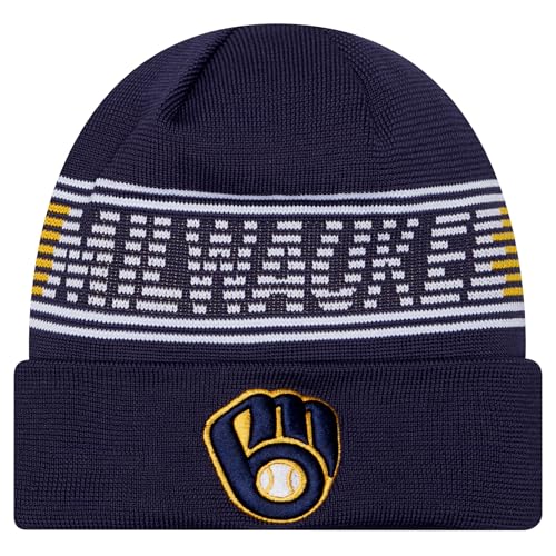 New Era Unisex-Adult MLB Authentic Collection Primary Logo Wordmark Cuffed Beanie Cold Weather Knit Hat (Milwaukee Brewers - Navy)