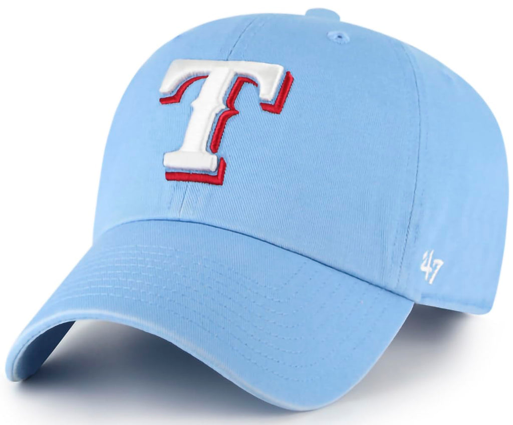 47 MLB Alternate Primary Logo Clean Up Adjustable Hat Cap, Adult One Size - Texas Rangers - Columbia Blue
