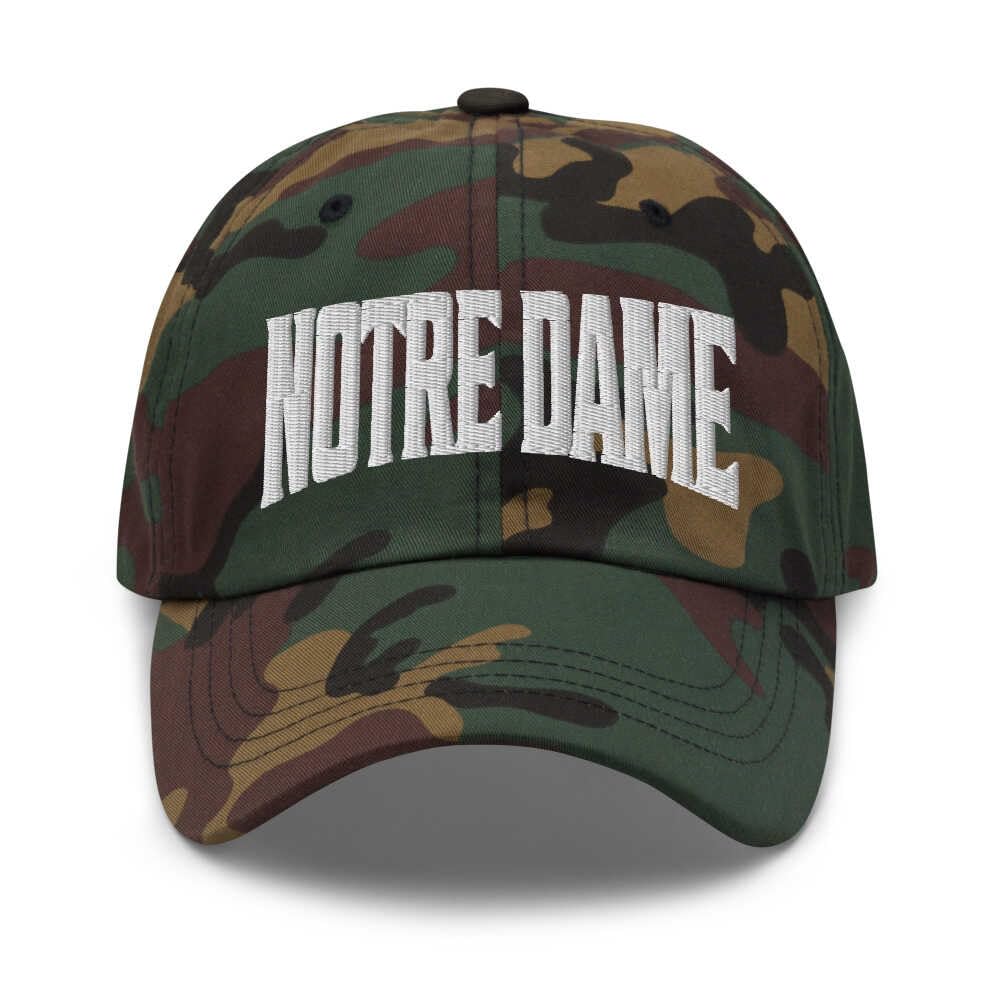 Merch Town Notre Dame Indiana in Embroidered Dad Hat Green Camo