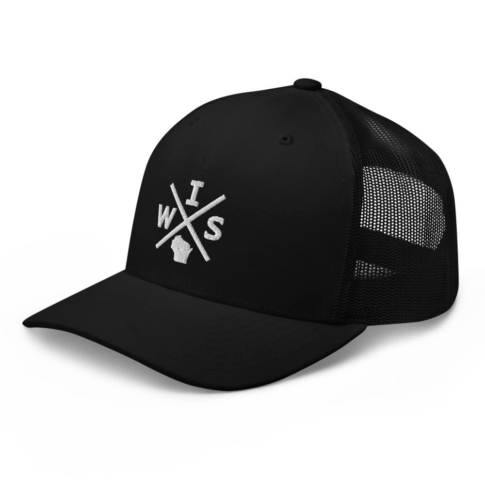 Retro Wisconsin Trucker Hat Mesh WIS Cross Trucker Cap Black