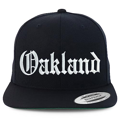 Trendy Apparel Shop Old English Font Oakland City Embroidered Flat Bill Cap - Black