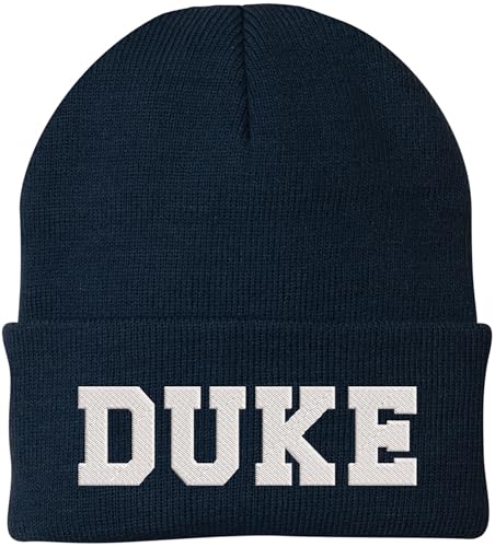 DUKE Embroidered Beanie Hat Knit Cuffed Winter Cap Skull Cap, Navy Blue