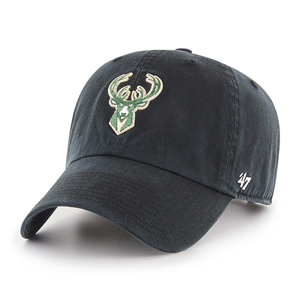 47 Brand NBA Unisex Basketball Team Alternate Primary Logo Clean Up Adjustable Cap Dad Hat Adult One Size Fits All - Milwaukee Bucks - Black