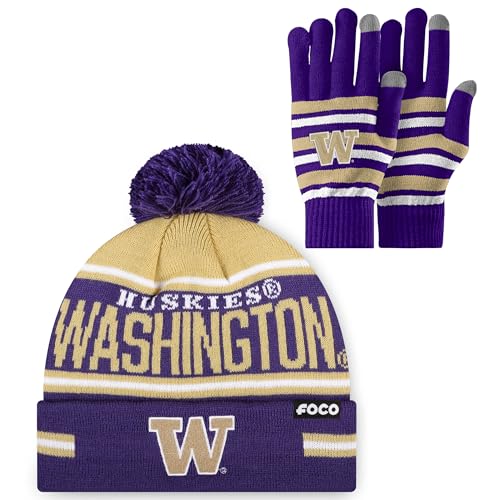 FOCO Washington Huskies NCAA Stretch Glove & Big Wordmark Stripe Pom Beanie - Bundle Team Color