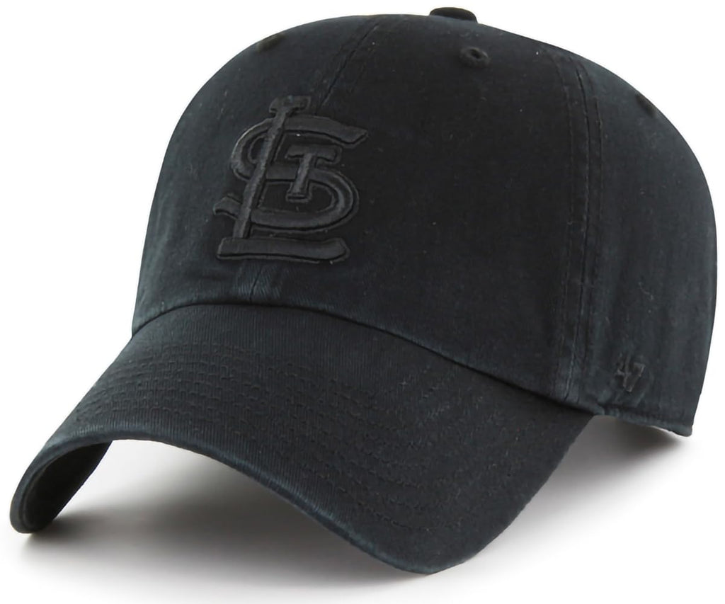 47 MLB Black Black Primary Logo Clean Up Adjustable Strap Hat Cap, Adult One Size Fits All (St Louis Cardinals)