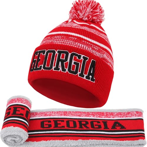 Georgia Beanie Hat Scarf Set for Men, Knit Pompom Beanie Cap, Football Fans Fashion Toque Cap, Neck Warmer Scarves,Winter Gifts for Sport Fans with Stickers