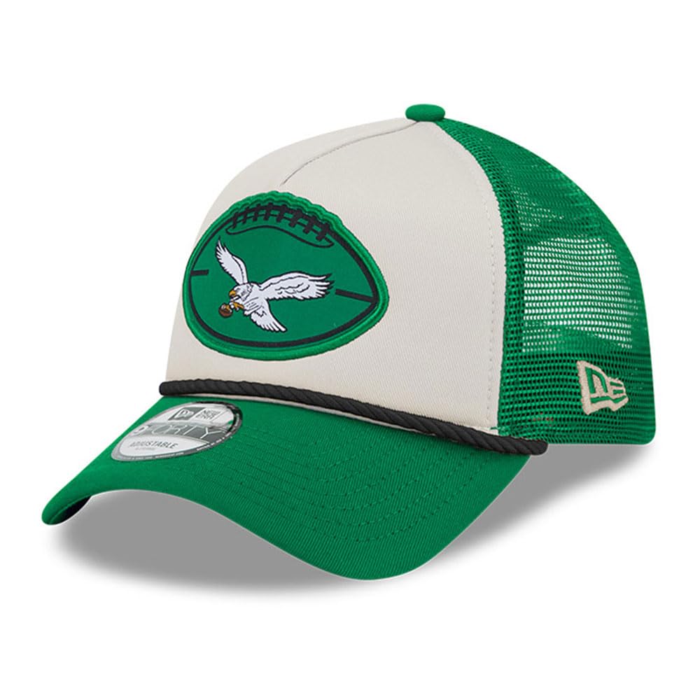 New Era Men's Stone/Kelly Green Philadelphia Eagles 2024 Sideline Historic 9FORTY A-Frame Trucker Adjustable Hat
