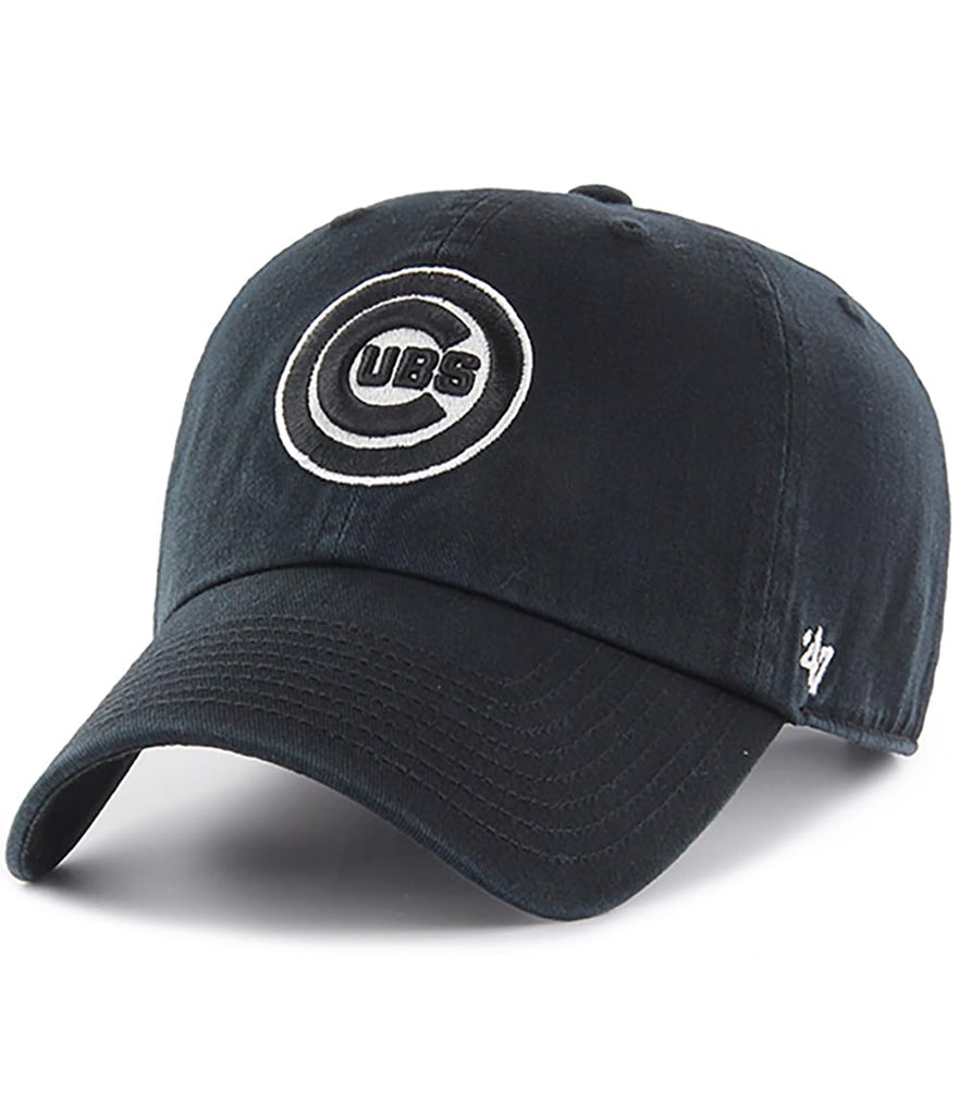 47 Brand MLB Black White Outline Primary Logo Clean Up Adjustable Baseball Cap Hat, Adult One Size Fits All - Chicago Cubs Black White Outline