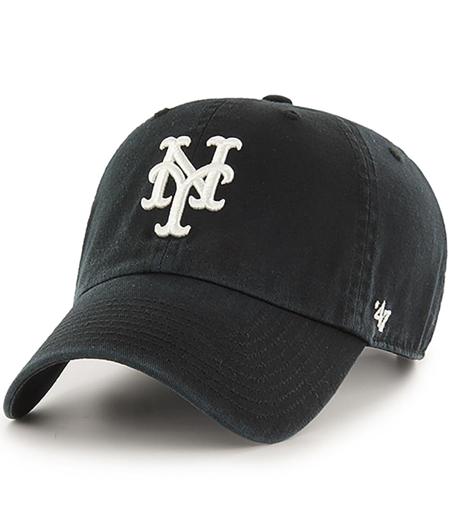 47 Brand MLB Black White Primary Logo Clean Up Adjustable Baseball Cap Hat, Adult One Size Fits All - New York Mets Black White