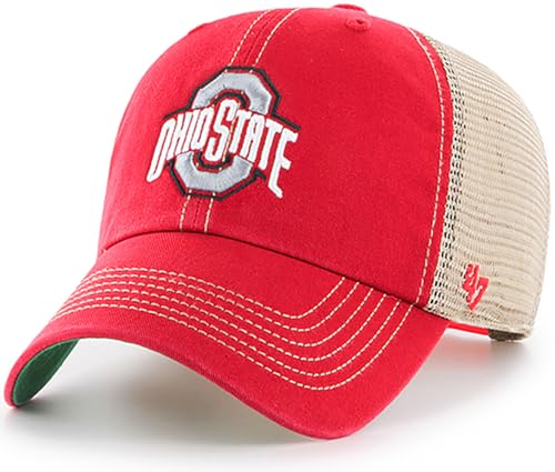 47 NCAA Trawler Primary Logo Team Color Mesh Trucker Clean Up Adjustable Hat, Adult One Size Fits All - Ohio State Buckeyes Red