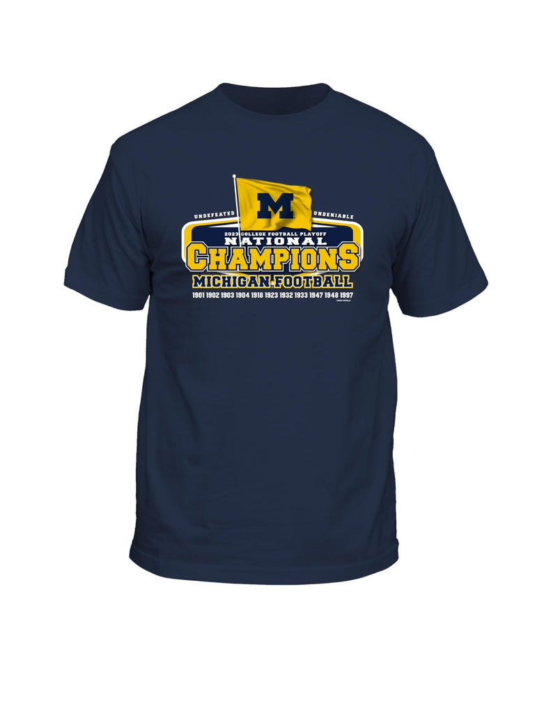 New World Graphics Michigan Wolverines Football 2023 National Championship Flag Short Sleeve T-Shirt-Navy Blue-XXL, XX-Large