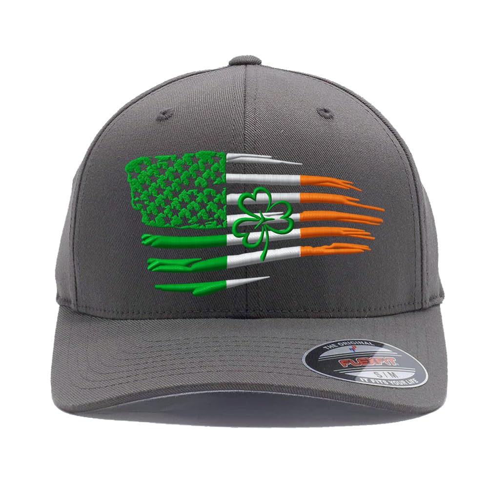 GNB CUSTOM EMBROIDERY LLC Embroidered Irish American Flag Shamrock hat Ireland St Patricks Day Irish Gift for Men Women Flex Fitted Hat (Dark Grey, L/XL)