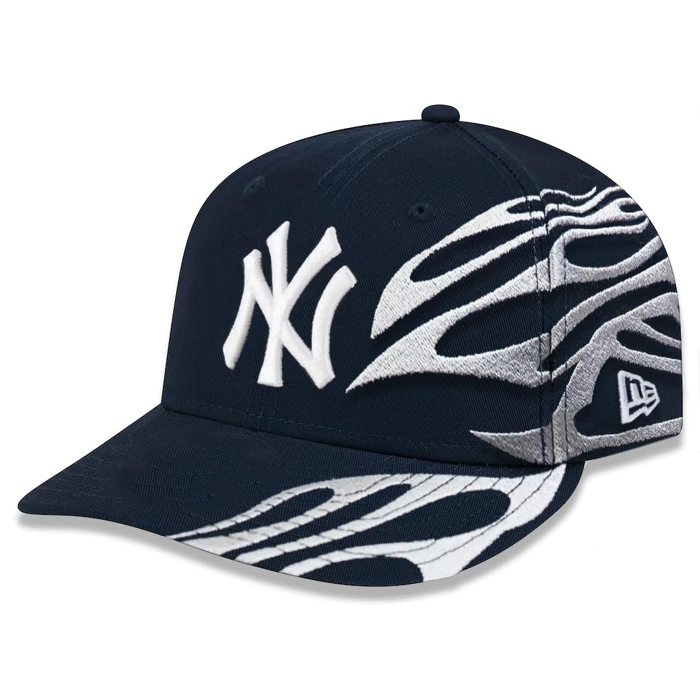 New Era NY New York Yankees 9FIFTY Low Profile Flames Embroidery Snapback Cap, Adjustable Hat Navy Blue Silver