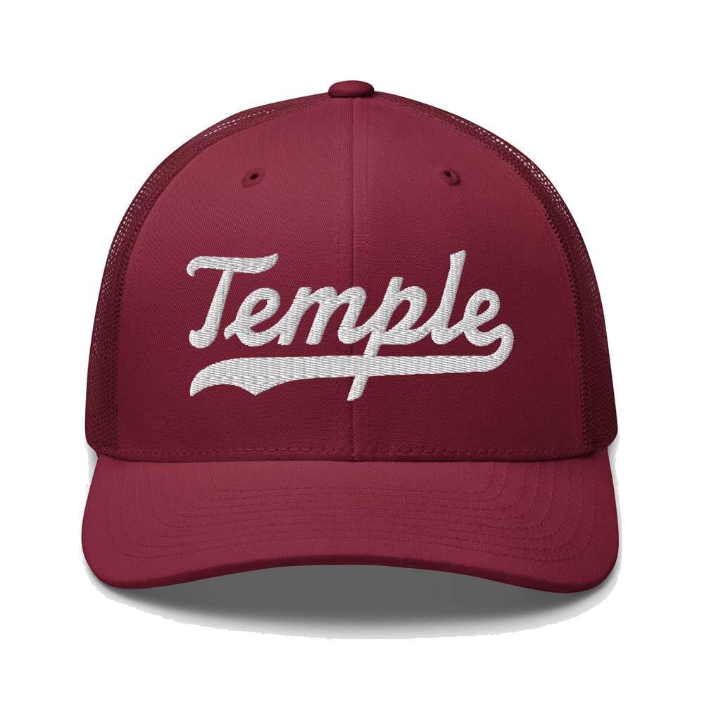 Temple Hat Temple Trucker Hat Baseball Script Embroidered Cap Vintage Sports Mesh Gift Headwear Cranberry