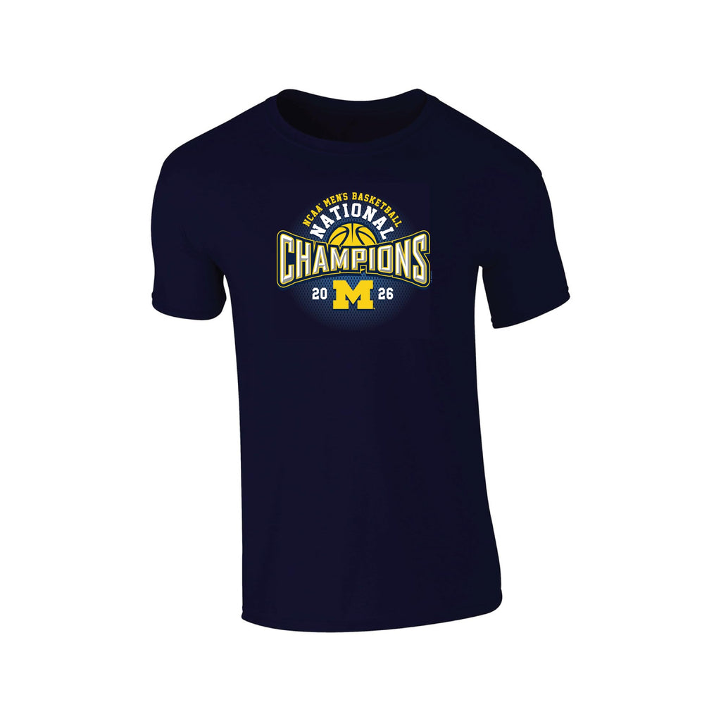 J2 Sport 2025-2026 University of Michigan National Basketball Champs T-Shirt, College NCAA Champions Apparel, Wolverines Championship Tee Shirt, Navy, L