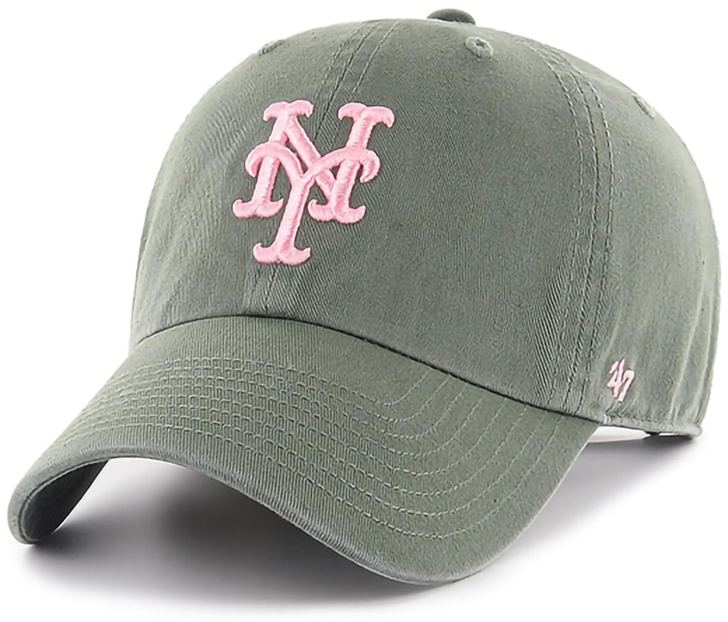 47 Brand MLB Moss Green Pink Primary Logo Clean Up Adjustable Strap Baseball Cap Hat, Adult One Size Fits All - New York Mets Moss Green