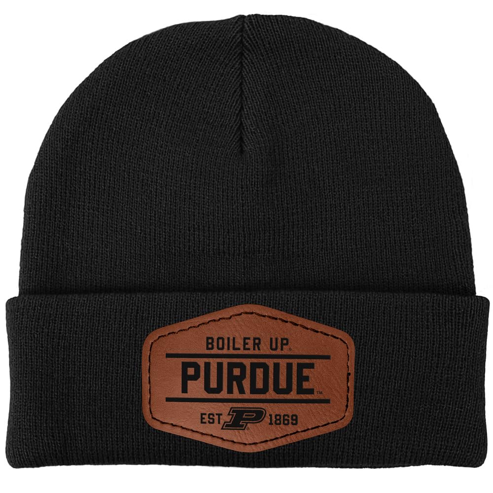 Campus Lab Purdue University Shield Patch Lines Design Unisex Leather Patch Knit Beanie with Folded Cuff, Black