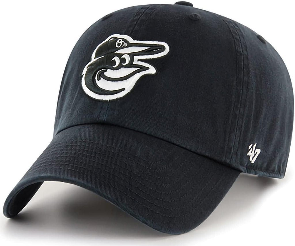 47 Brand MLB Black White Outline Primary Logo Clean Up Adjustable Baseball Cap Hat, Adult One Size Fits All - Baltimore Orioles Black White Outline