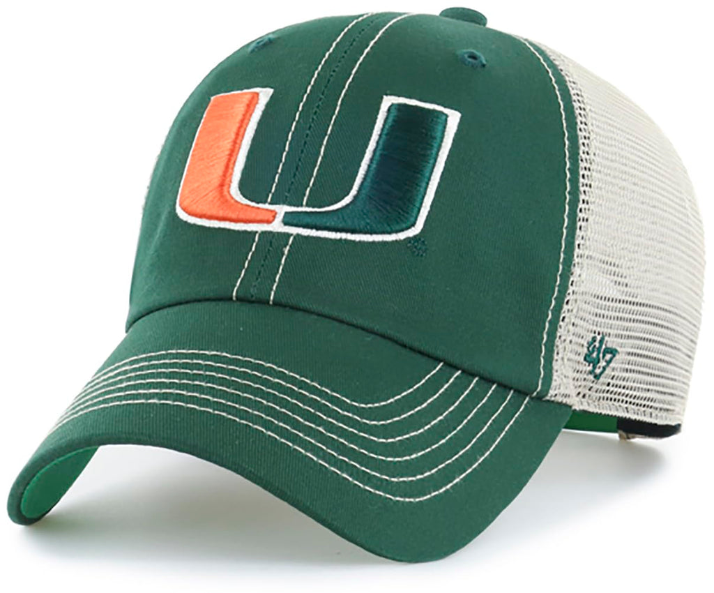 47 NCAA Trawler Primary Logo Team Color Mesh Trucker Clean Up Adjustable Hat, Adult One Size Fits All - Miami Hurricanes Green