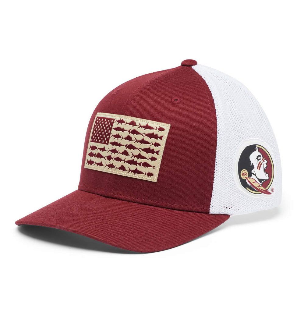 Columbia Unisex Collegiate PFG Mesh Fish Flag Ball Cap, FSU - Cabernet, L/XL