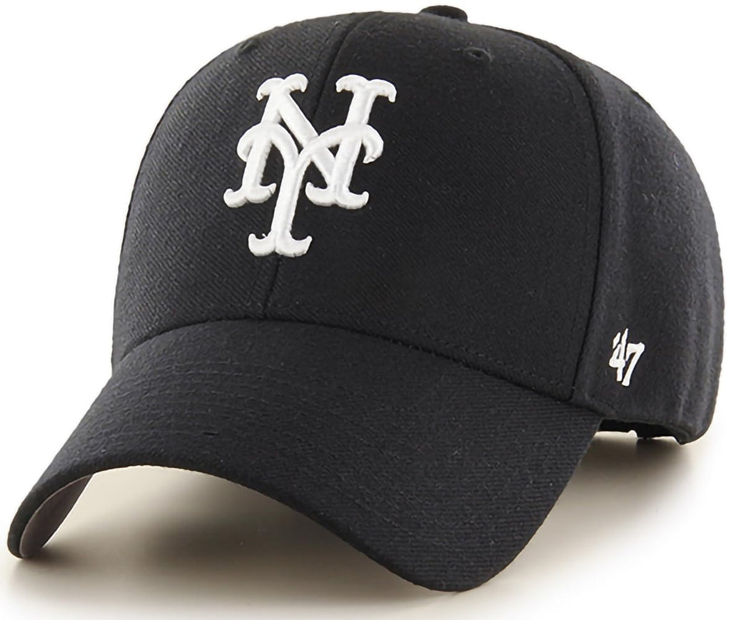 47 Brand MLB Black White Primary Logo MVP Adjustable Structure Baseball Cap Hat, Adult One Size Fits All - New York Mets Black White