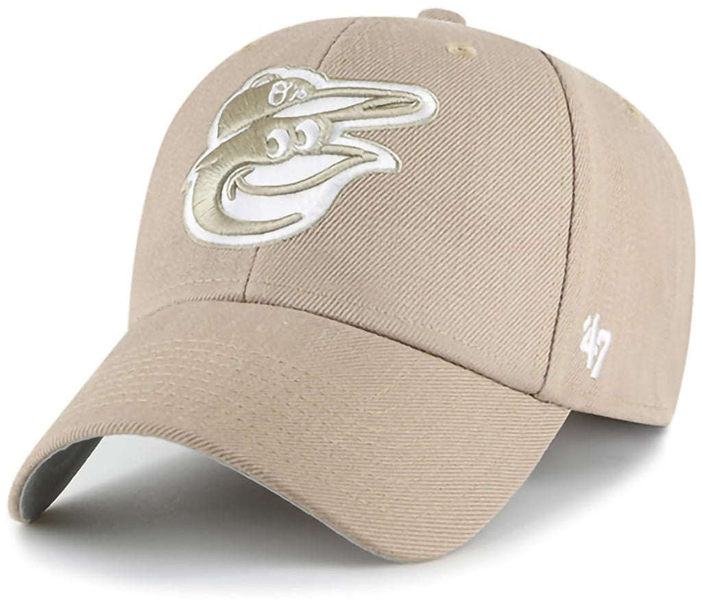 47 MLB Khaki White Primary Logo MVP Adjustable Hat, Adult One Size Fits All - Baltimore Orioles - Khaki White