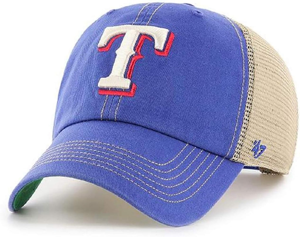 47 MLB Trawler Primary Logo Team Color Mesh Trucker Clean Up Adjustable Hat, Adult One Size Fits All - Texas Rangers Blue