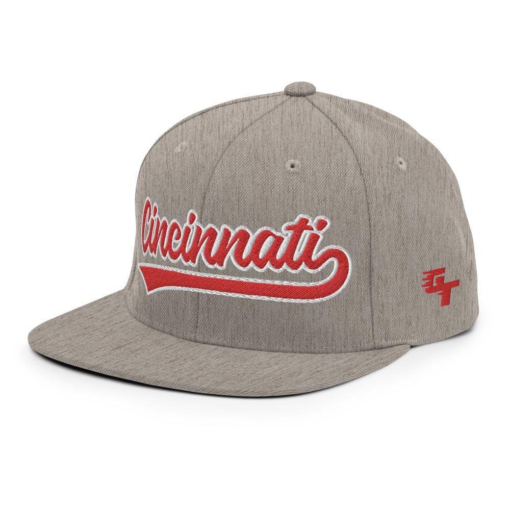 Retro Cincinnati Baseball Script Classic Cincinnati Snapback Hat Cap Heather Grey