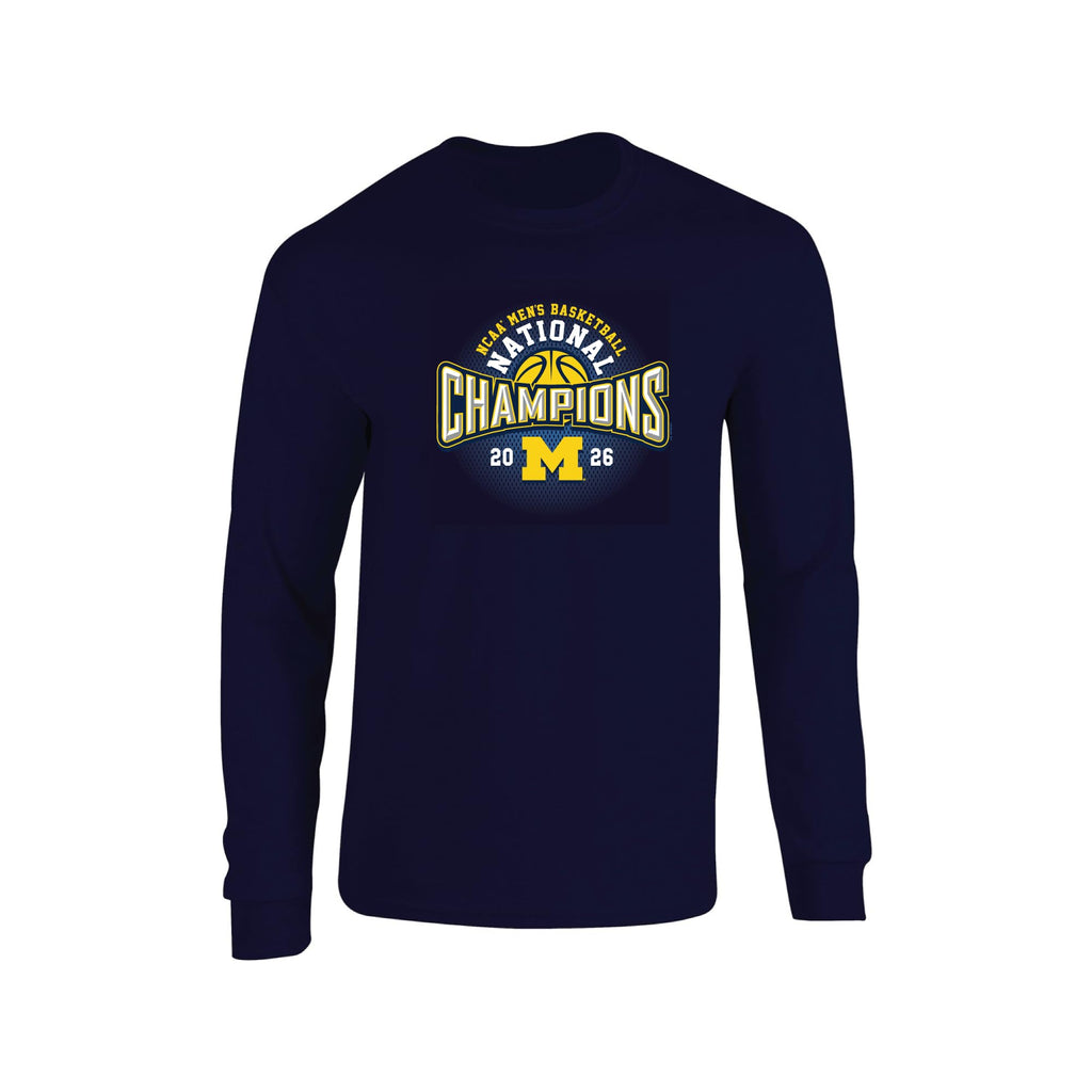 J2 Sport 2025-2026 University of Michigan National Basketball Champs Long Sleeve T-Shirt, College NCAA Champions Apparel, Wolverines Championship Tee Shirt, Navy, L
