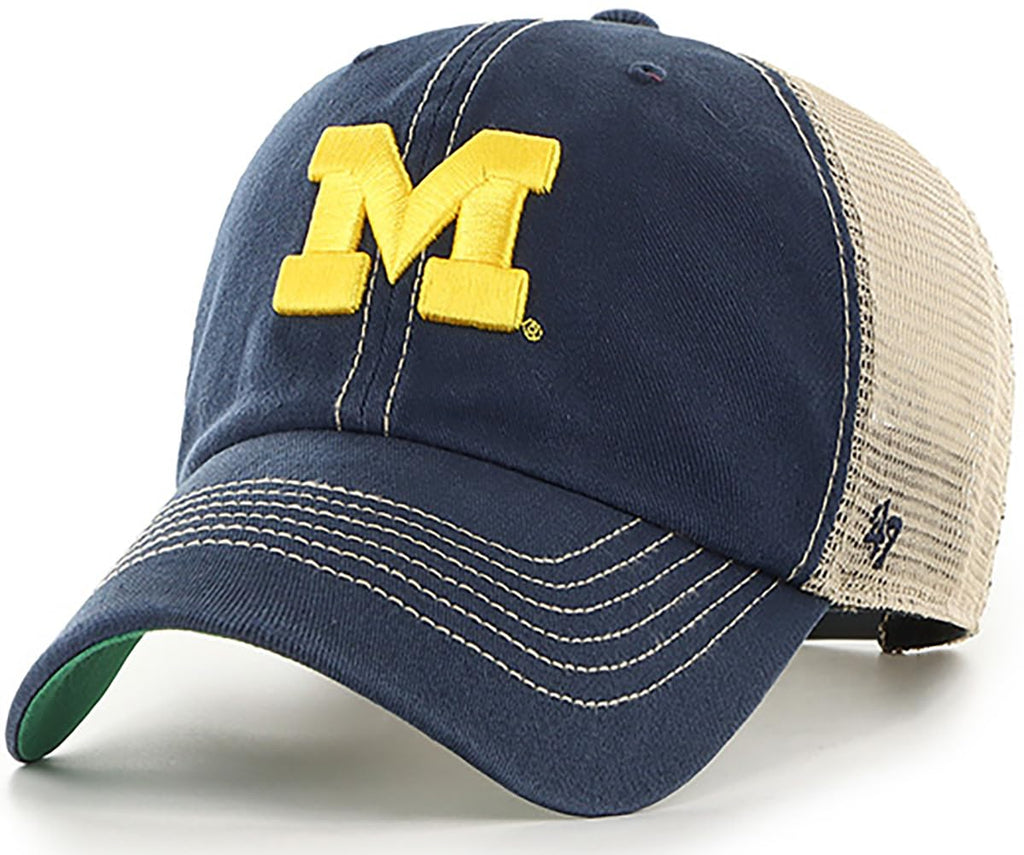 47 NCAA Trawler Primary Logo Team Color Mesh Trucker Clean Up Adjustable Hat, Adult One Size Fits All - Michigan Wolverines Navy