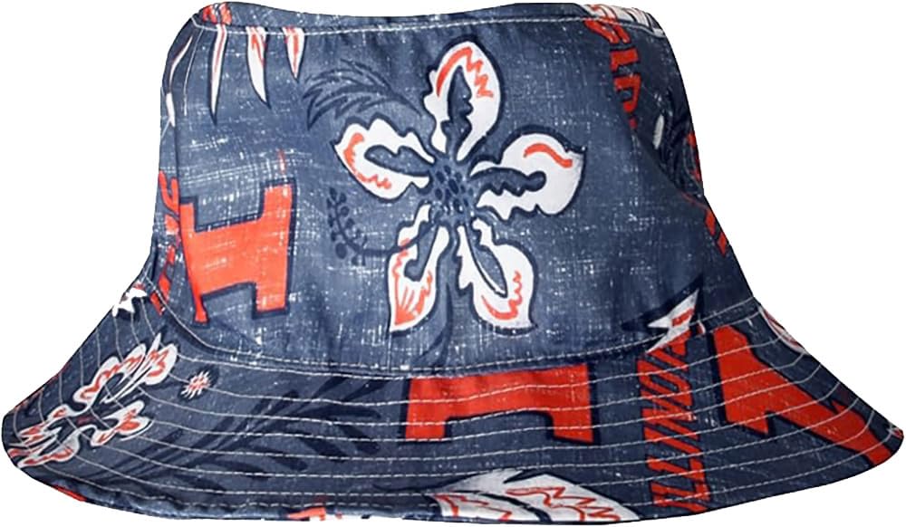 Wes and Willy Mens College Hawaiian Vintage Floral Bucket Hat(Illinois Fighting Illini, L/XL) Navy
