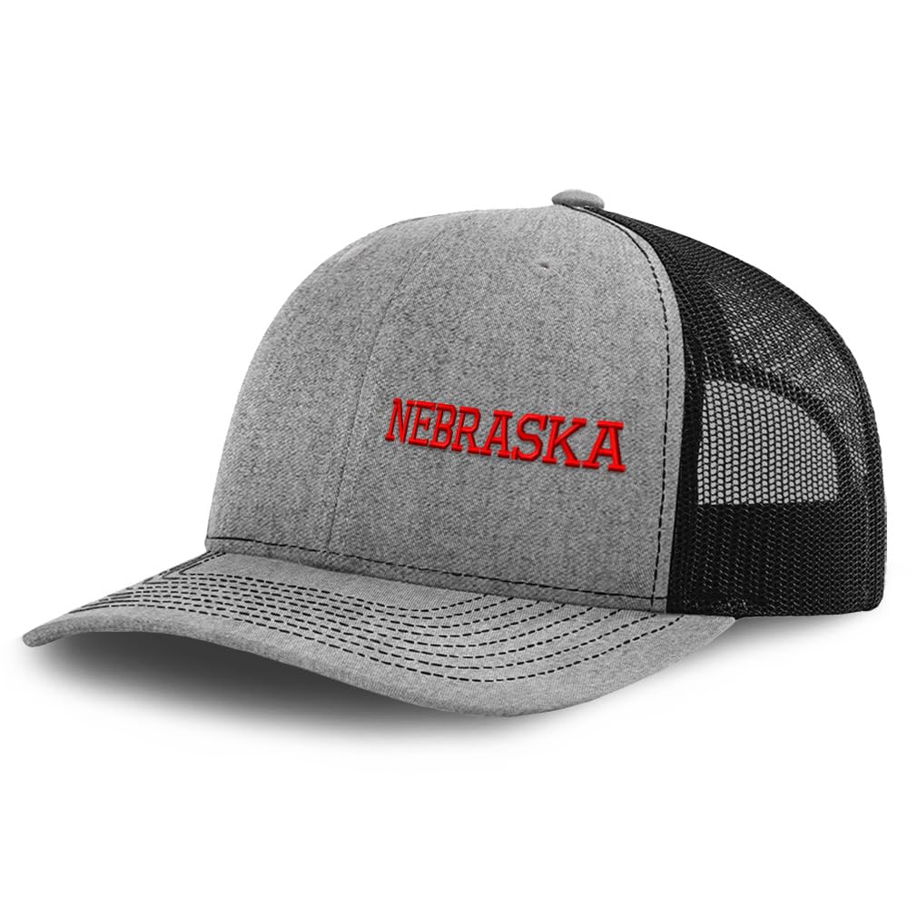 Richardson Mesh Cap Embroidered Nebraska America Map Ne Nebr. Nebraskan Cornhusker Trucker Hats for Men & Women Heather Grey Black Design Only