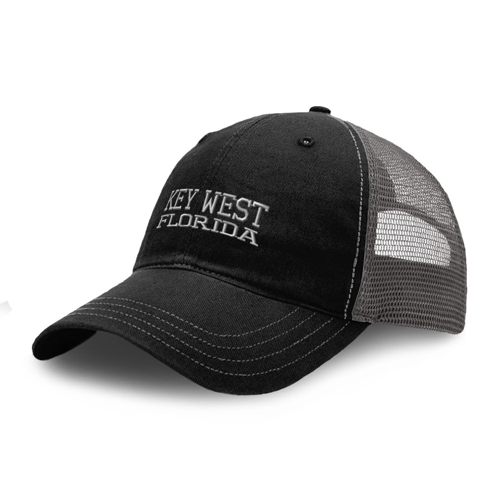 Richardson Soft Mesh Cap Hat Embroidered Florida Key West America USA Embroidery Trucker Hats for Men & Women Cotton Black Charcoal Design Only