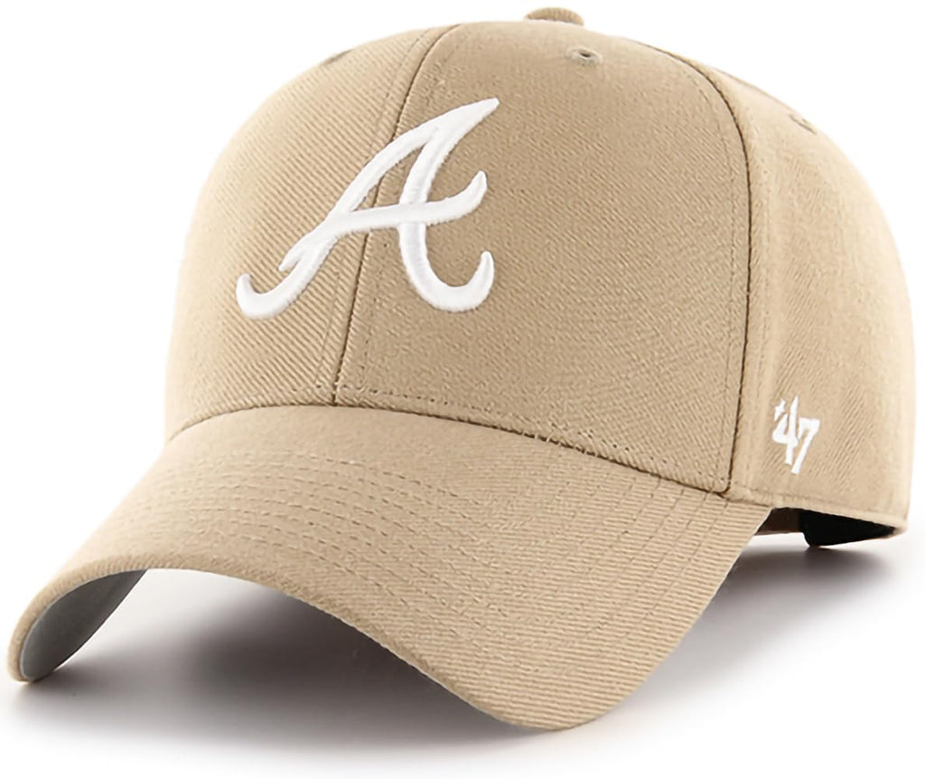 47 MLB Khaki White Primary Logo MVP Adjustable Hat, Adult One Size Fits All (US, Alpha, One Size, Atlanta Braves, Atlanta Braves)