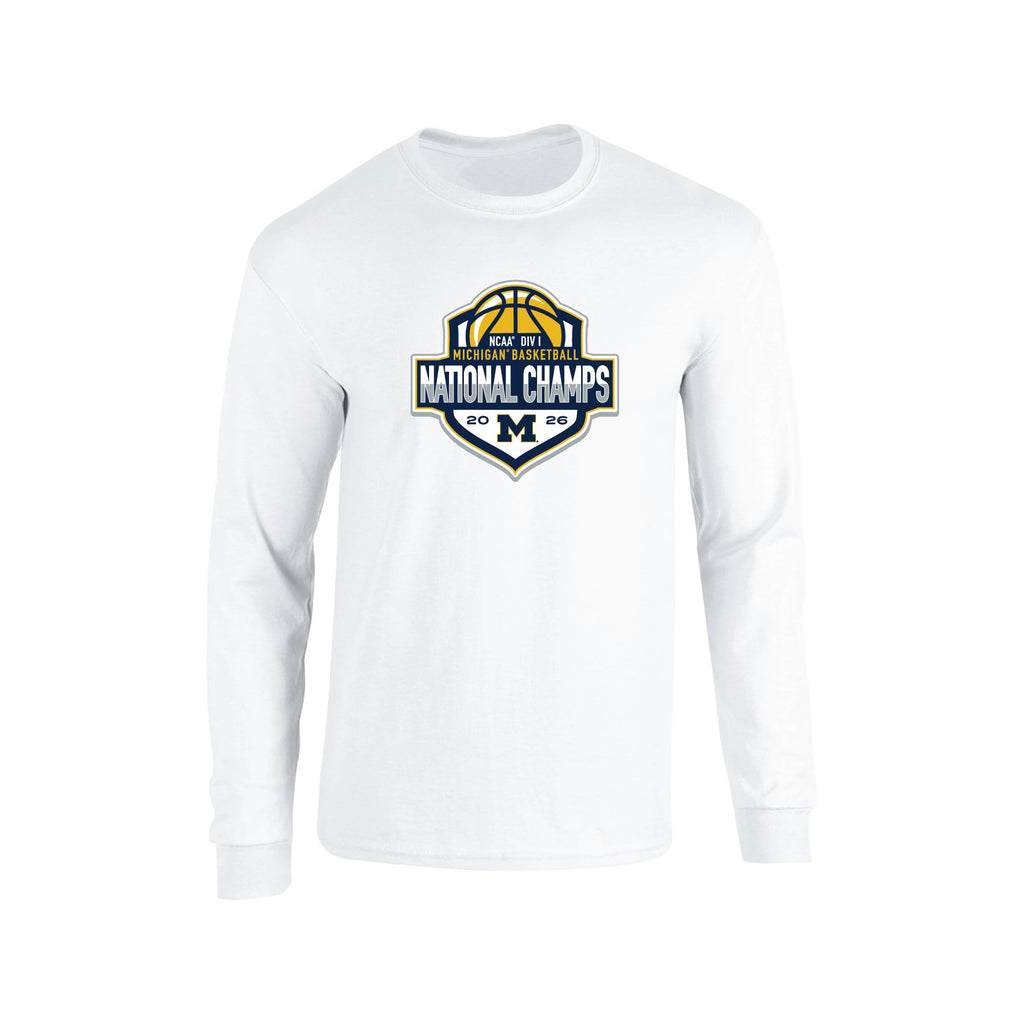 J2 Sport 2025-2026 University of Michigan National Basketball Champs Long Sleeve T-Shirt, College NCAA Champions Apparel, Wolverines Championship Tee Shirt, White, XL