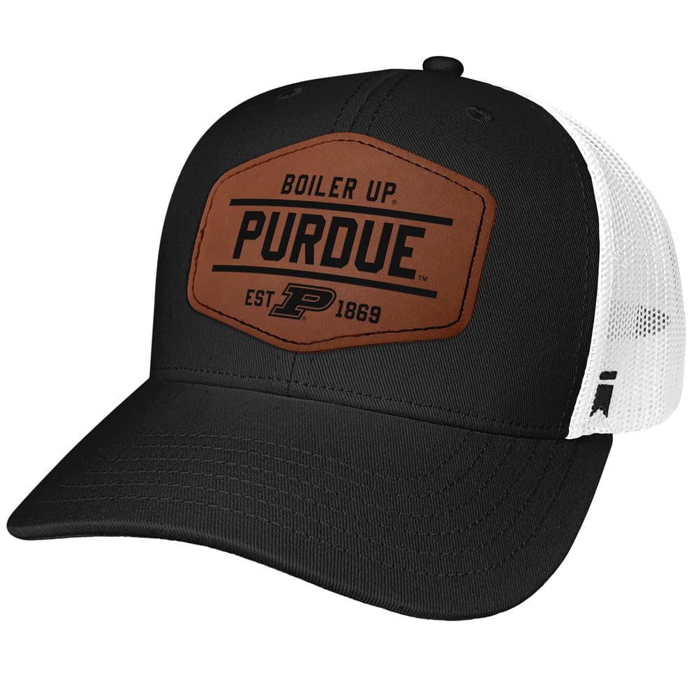 Campus Lab Purdue University Shield Patch Lines Design Adjustable Snapback Trucker Hat with Leather Patch Unisex for Men and Women, Black