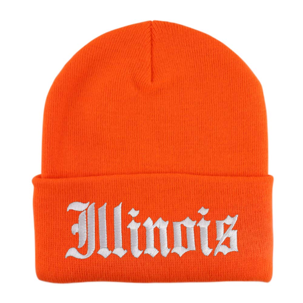 Trendy Apparel Shop Illinois State Old English Embroidered Long Cuff Beanie - Neon Orange
