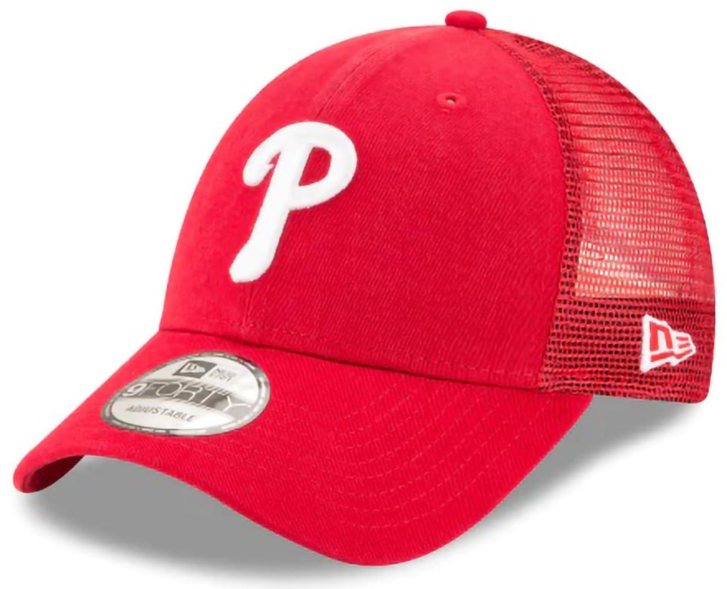 New Era MLB The League 9FORTY Team Color Primary Logo Mesh Trucker Adjustable Hat Cap One Size Fits All - Philadelphia Phillies Red
