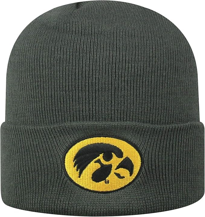 Collegiate Cuffed Knit Beanie Hats, Cuffed Knit Winter Beanies Available (Cuffed Knit Beanie, Iowa Charcoal)