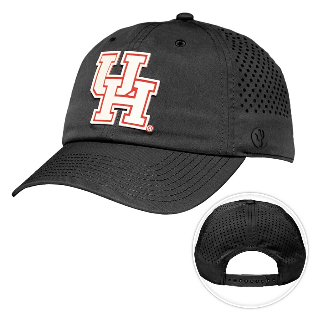 Desert Cactus University of Houston Snapback Baseball Hat, UH Cougars Unstructured BreezePro Performance Hat with Adjustable Silicone Strap (Design BP2-Black)