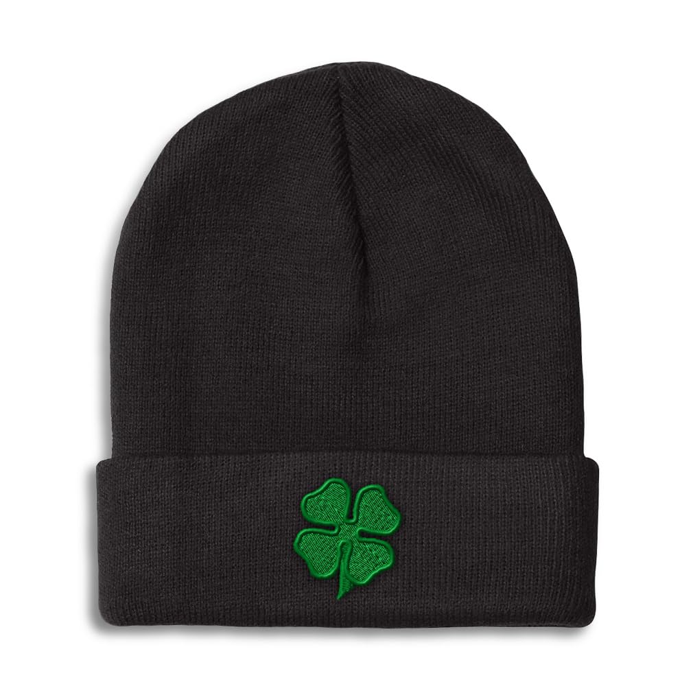 Custom Beanie for Men & Women 4 Leaf Clover Irish Ireland St Patricks St Patty Embroidery Acrylic Skull Cap Hat Black Design Only