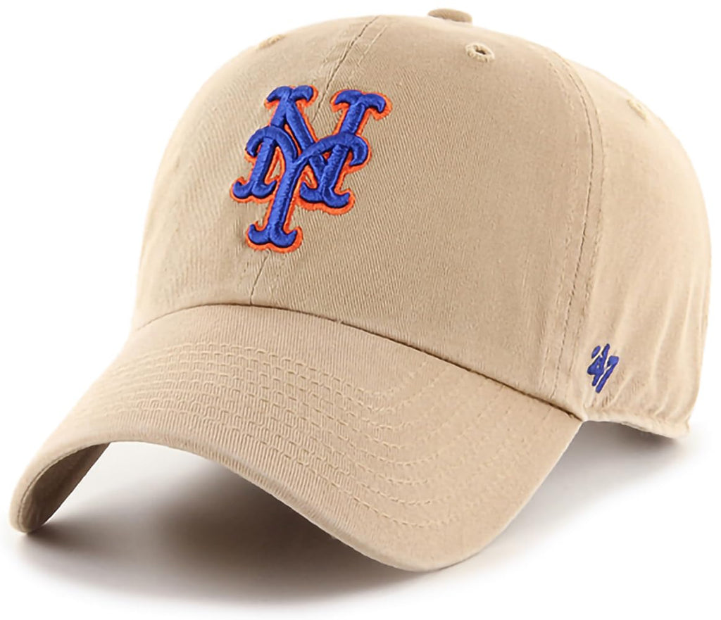 47 Brand MLB Khaki Primary Logo Clean Up Adjustable Strap Baseball Dad Hat Cap, Adult One Size Fits All - New York Mets - Khaki