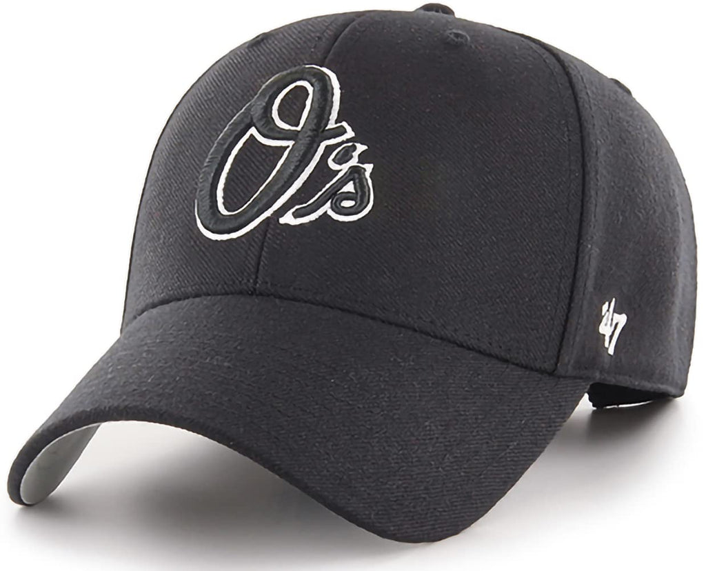 47 MLB Black White Outline Primary Logo MVP Adjustable Structure Hat, Adult One Size Fits All - Baltimore Orioles - Black
